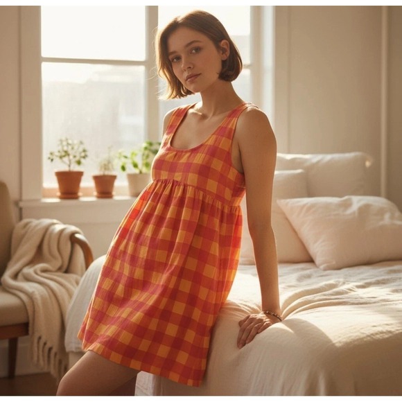 ANTHROPOLOGIE New Apron Mini Nap Dress MEDIUM Check Picnic Plaid Orange Tie - Picture 9 of 13